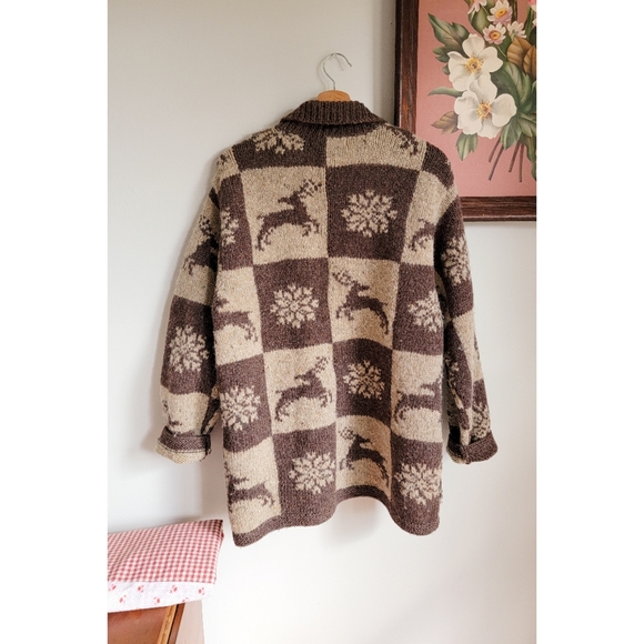Vintage Wool Cowichan Style Sweater Wool Zip Front w/ Neutral Winter Patchwork - Picture 14 of 15
